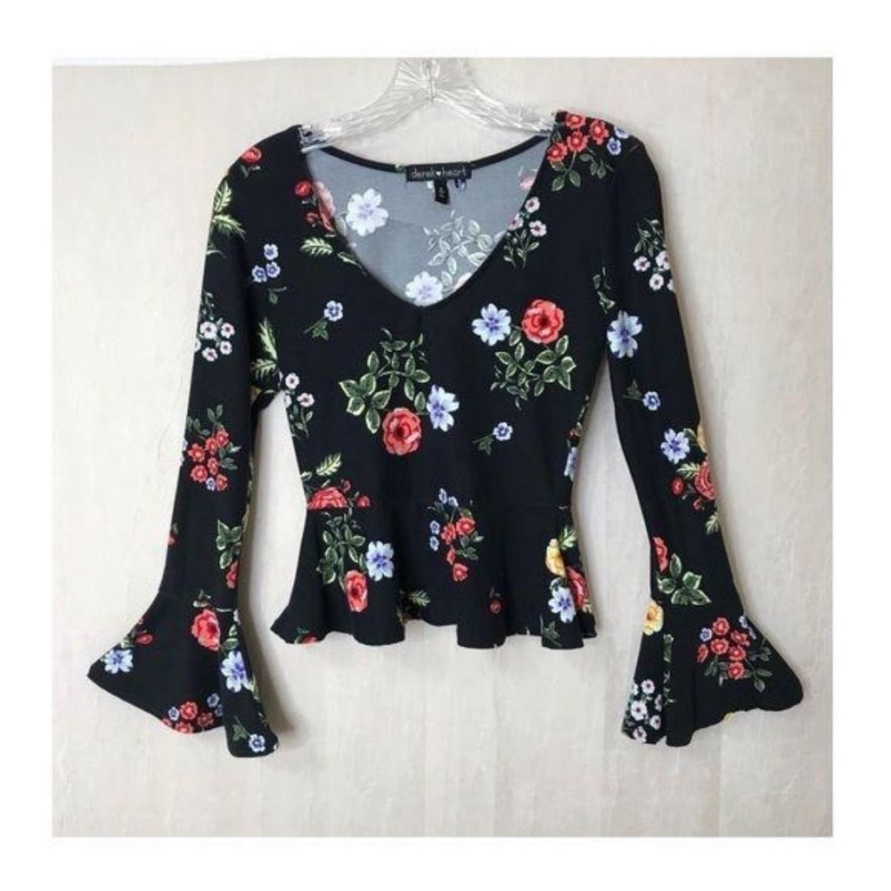 Derek Heart Black Small Floral Peplum Hem Top